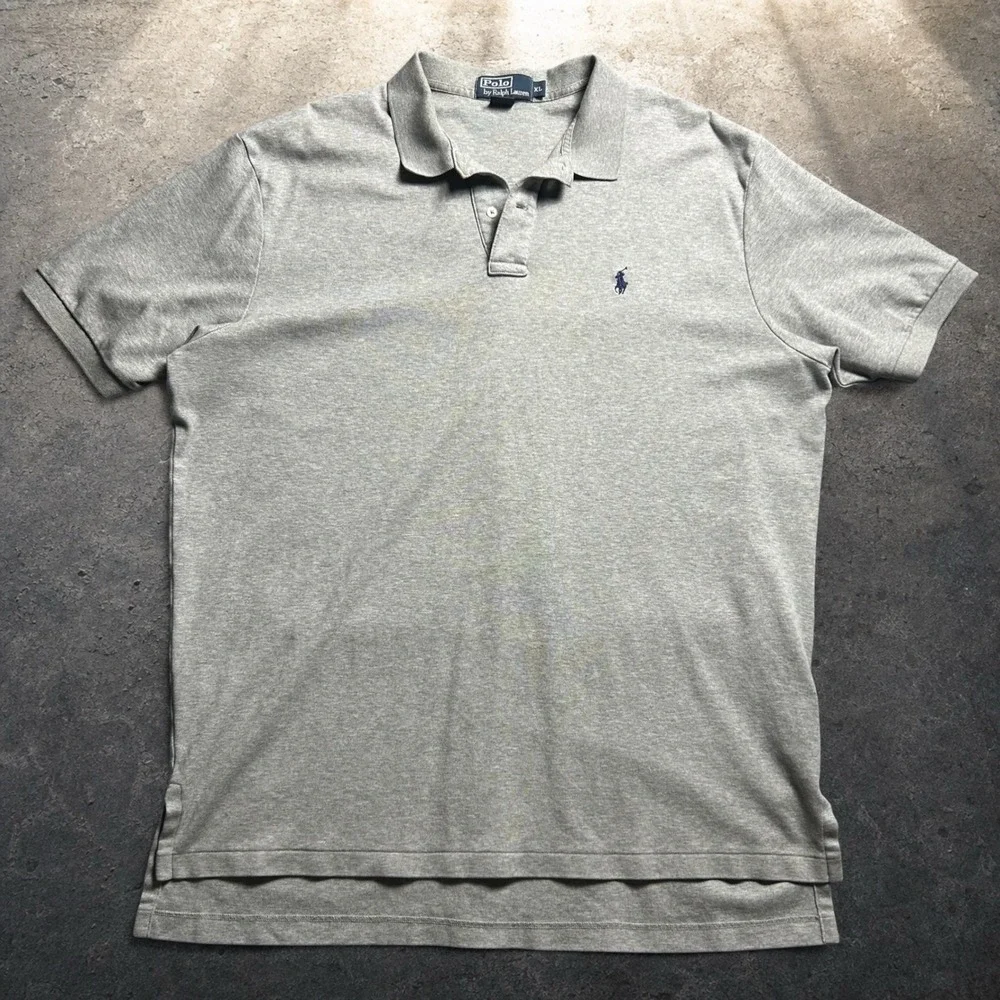 Polo Ralph Lauren Gray Short Sleeve Polo Shirt Navy Pony Logo Size XL Retro